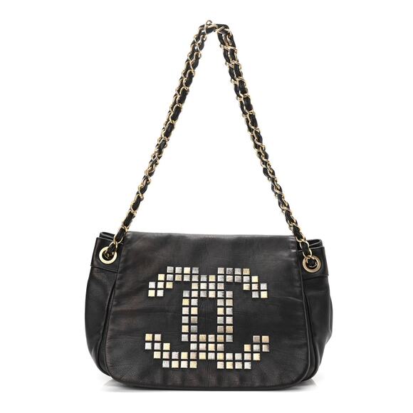 Chanel Mosaic Flap Bag Accordion Studs Vintage Shoulder Bag Black Leather CC